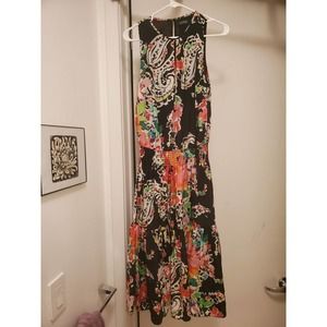 Lauren Ralph Lauren Midi Dress Slit Elastic Waist Black Floral Sleeveless Small